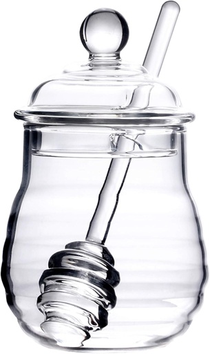 [BRSWGA33O4BGEALF] Lawei Glass Honey Jar with Dipper and Lid, 10 OZ Heat-Resistant Bee Hives Honey Pot, Clear Glass Honey Container for Store Honey and Syrup, Home and Kitchen, Easy to Clean, Dishwasher Safe