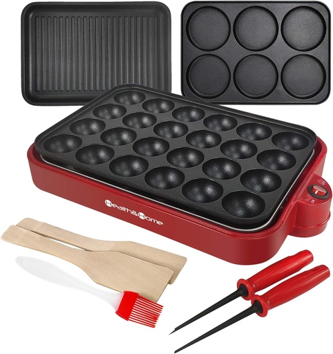[BRSWY235BEPRUEQ2] Health and Home Multifunction Nonstick Baking Maker with 3 Interchangeable Baking Plates for Grill,Pan Cake and Cake Pops,Takoyaki Maker.RED
