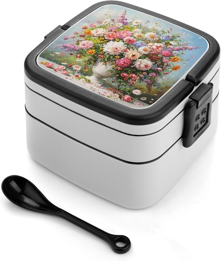 [BRSRAZILPIBQMH32] BTCOWZRV All-in-One Bento Box Stackable Leak-Proof Lunch Box With Carry Handle 2 Layer Portable Meal Prep Container A White Vase Lunchbox with Utensils for Dining Out Work