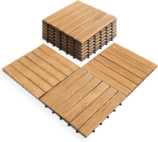 [BRSRAHARAAHQK332] Pack of 10 Deck Tiles - 12"x12" Interlocking Natural Solid Acacia Wood for Outdoor & Indoor, Patio Garden, Balcony, Poolside - Natural6 Color
