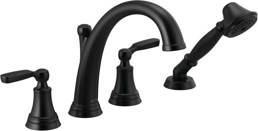 [BRSRMYA2AAOWA23H] Delta Woodhurst Roman Tub Faucet with Hand Shower, Matte Black Deck Mount Bathtub Faucet, Matte Black T4732-BL (Valve Sold Separately)