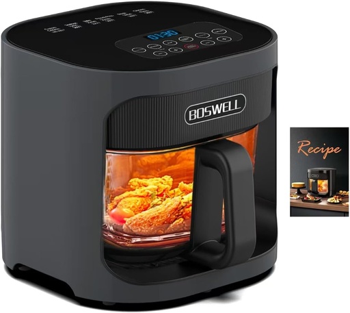 [BRSRACD3BN5Q22DZ] BOSWELL 4.5 QT Glass Air Fryer, 6 IN 1 Air Fryer Non-Toxic,Temperature Control, 5 Preset Menue Intelligent Panel Gray