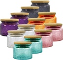 LINGSHINE 4 oz Colored Mini Glass Jars with Airtight Bamboo Lids 12 pack, Decorative Small Food Storage Canister, Vintage Embossed Home Décor Candle Parties Wedding Baby Shower Favors Gift