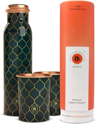 [BRSRMBALBAPRYDLV] EB-Everything Beautiful Pure Copper Water Bottle For Drinking with Cups Set in Printed Green Gold Moroccan Design Gifts for Him and Her by ebstore(1L,2x 270ml)