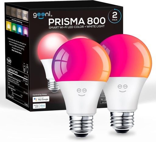 [BRSWGAAKOIFWAE32] Geeni Prisma Smart Light Bulbs 2-Pack, Color Changing RGBW LED, A19, 800 Lumens, 60W Equivalent, Dimmable, 2700K, Works with Alexa & Google Home