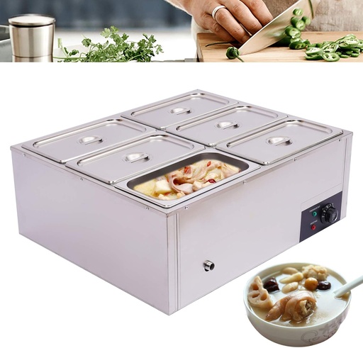 [BRSROGTROIGWODLA] Electric Commercial Food Warmer, 6-Pan Steam Table Stainless Steel Bain Marie Buffet Countertop Stainless Steel Electric Heating with Temperature Control & Lid for Parties, Catering, Restaurants