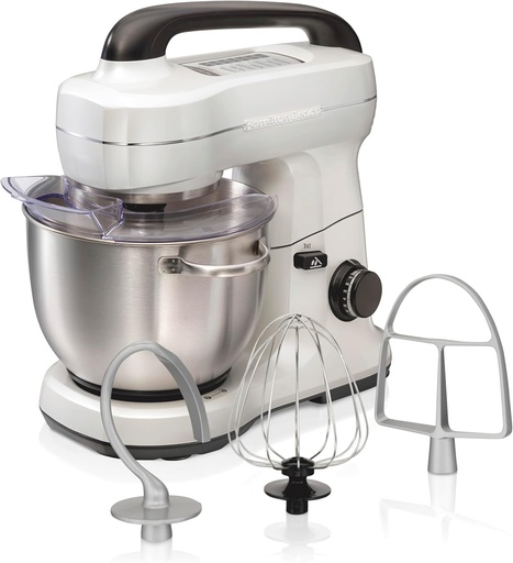 [BRSW2CYECQBAYG3P] Hamilton Beach Electric Stand Mixer, 4 Quarts, Dough Hook, Flat Beater Attachments, Splash Guard, 7 Speeds with Whisk, Easy-Carry Top Handle, White