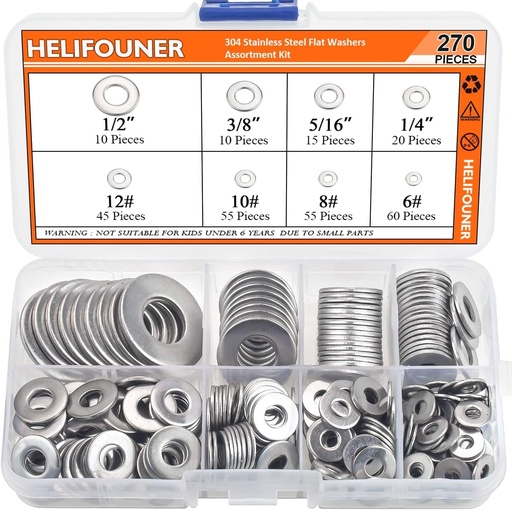 [BRSWGFA6OEGRECQ7] HELIFOUNER 270Pieces 8 Sizes Stainless Steel Flat Washers Assortment Kit, 1/2 3/8 5/16 1/4 12# 10# 8# 6#
