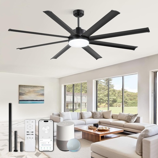 [BRSRAAADBUNGCG3G] ZMISHIBO 72 Inch Ceiling Fan with Light, Large Industrial Ceiling Fan with Modern 8 Black Aluminum Blades, 3000-6000K Dimmable, 6 Speeds, Smart Fan Light Compatible with Alexa for Patio Living Room