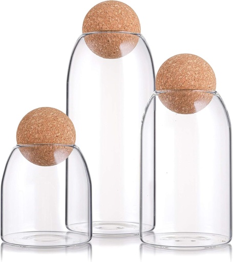 [BRSWYGA7OIJW2EQV] Suwimut 3 Pack Glass Storage Jar with Ball Cork Lid, Clear Glass Canisters with Cork Ball, Cute Decorative Round Glass Bottles with Airtight Wooden Lid for Spice, Sugar, Salt, Tea, Nuts, Coffee Beans