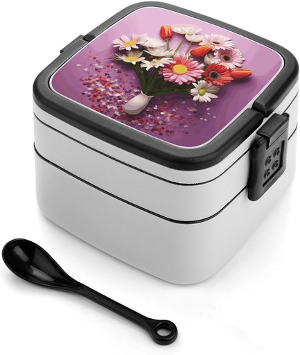 [BRSRA2T2OUPGCCD5] GFLFMXZW Fresh Flowers Bento Box Adult Lunch Box All-in-One Lunch Containers with Removable Compartments Double Layer Bento Lunch Box with Spoon And Handle Stackable Lunchbox