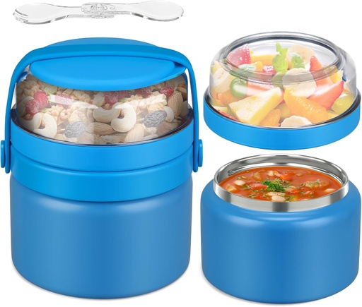 [BRSRAYANOF4GY2YU] JXXM 2 in 1 Double Insulated Food Jar 8oz Soup Thermo with Snack Container Kids Thermo for Hot Food Lunch Containers Wide Mouth Vacuum Stainless Steel Leak Proof for School Travel(Blue)