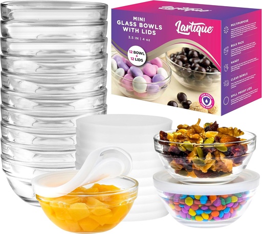 [BRSROGQ5OQDQAC3P] Lartique Mini 3.5 Inch Small Glass Bowls with Lids - Small Bowls Perfect for Prep, Dips, Nuts, or Candy - Meal Prep Bowls or Dessert Bowls, Set of 12