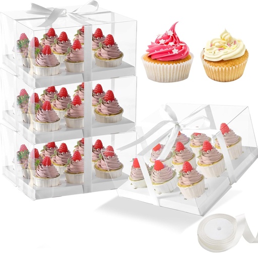 [BRSRACYCO4CRU2TB] 4packs 9 counts Clear Cupcake Boxes,5.5inches height 9 Count Cupcake Containers with Gift Ribbon，Disposable Cupcake Carrier Holder with Detachable Tall Dome Lid, BPA Free, Standard Size(9count/4pcs)