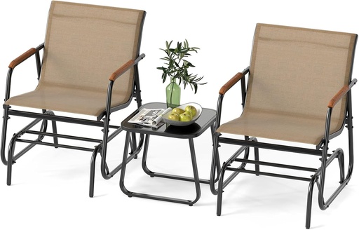[BRSREZQNCJ5WEHQ3] Tangkula 3 Piece Patio Bistro Glider Set, 2 Rocking Chairs w/Tempered Glass Side Table, Patio Furniture Set w/Smooth Rocking Motion, Outdoor Glider Chair Set for Porch, Yard, Balcony