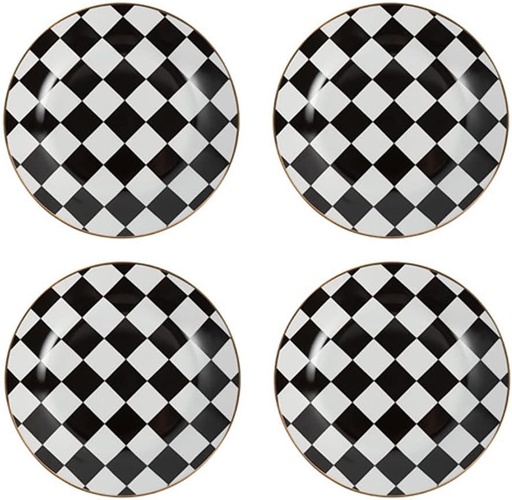 [BRSRMZAKOENRSALB] RockTrend Retro Black and White Checkerboard Gold Edge Ceramic Dinner Plate Dessert Plate Salad Plate-Set of 4