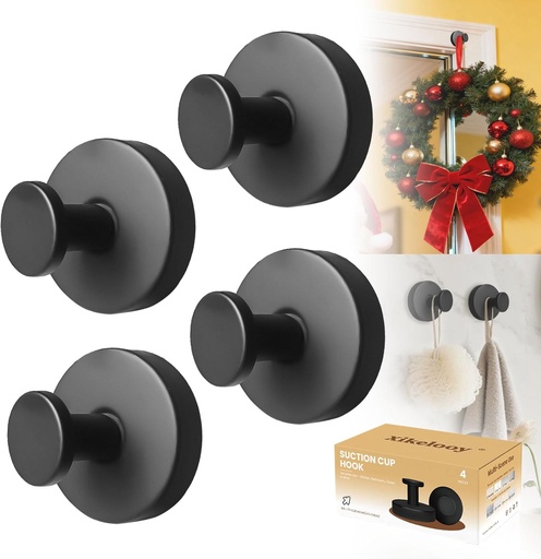 [BRSRE2QZCMHQMFI4] Xikelooy 4Pcs Suction Cup Hooks, Suction Cup Hooks for Shower,Removable Towel Hooks for Bathroom Window Glass Door Wall, Bath Robe Looafh Wreath Hook for Hanging (Black)