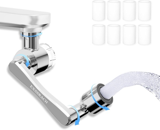 [BRSROHYFB4ORSA3B] EXSSRACH 1080° Rotating Faucet Extender with Filter Cotton, Brass Multifunctional Swivel Extension Robotic Arm Sink Aerator for Kitchen/Bathroom, 2 Water Outlet Modes, Silver