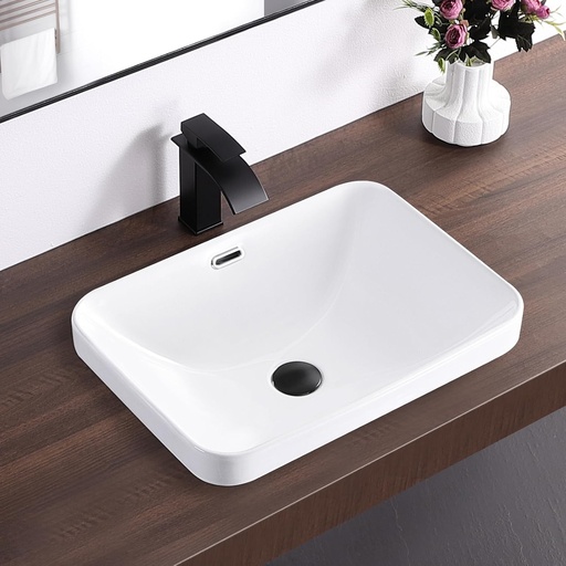 [BRSREYYPAQHGKHL7] KARAMAG Bathroom Vessel Sink 20.6'' x 14.7'' Semi Recessed Bathroom Sink Rectangular Drop-in Vanity Sink with Overflow White Ceramic Modern Art Basin