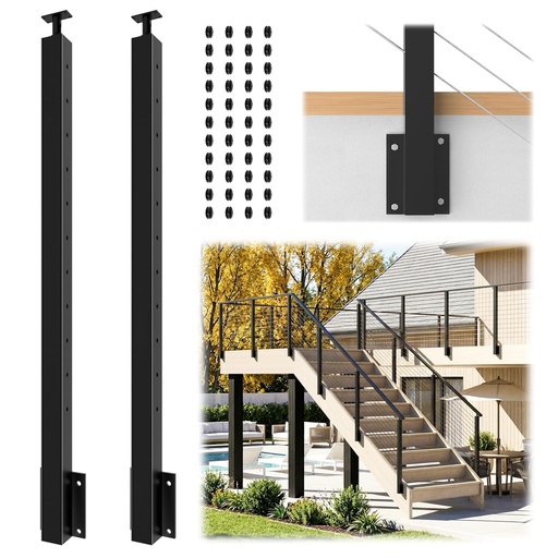 [BRSRAEILA56AOCIZ] Gyykzz 2 Pack Side Mount Stair Cable Railing Post 36" (Post Body 44"), Left Side Space-Saving Fascia Mount Deck Post for 36"-38" Stair Railing, Black Stair Handrail Post for Indoor Outdoor Stairway