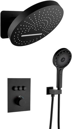 [BRSROFTYCEPAI2DD] Luxury Rainfall Shower System Thermostatic Shower Faucet Set Complete with Rough-in Valve Trim Kit Push Button Diverter Shower Fixtures Matte Black
