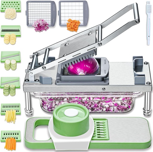 [BRSROBI7OQIR43TJ] All-in-1 Vegetable Chopper with 8 Blades - Mandoline Slicer-Pro Food Chopper with Container - Veggie Salad Onion Chopper - Potato Dicer French Fry Cutter - Cheese Grater - Stainless Steel material