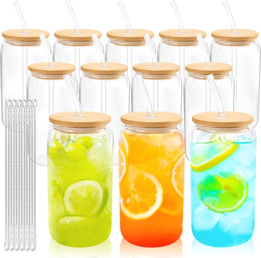 [BRSROGIQCEDQK2YV] Joyclub 12 Set Glass Cups with Bamboo Lids and Glass Straws 16oz Can Shaped Reusable Clear Iced Coffee Glasses Bulk Set Drinking Jars wholesale for Party Weddings Cafes Boba Shops Gifts DIY