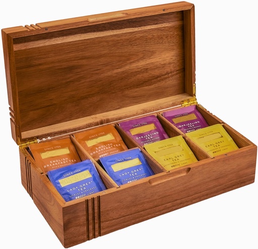 [BRSRE2TQOFYBA2DA] Chicvilla Acacia Wood Tea Bag Organizer and Storage Tea Box - 8 Compartment for Tea Bags & Sugar Packets with Gold-Tone Hinges, Gift-Inspired Design With Decorative Parcel Grooves