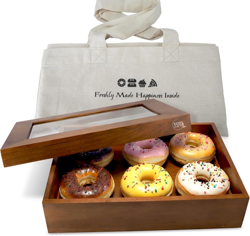[BRSREZA5BEFRO237] EcoLeafy Dot Wooden Bakery Box with Window - 12x8x2.5 Inches– Treat Boxes for Pastry, Desserts, Donuts, Muffins or Baked Goods- Comes with Reusable Canvas Bag-Ideal Baker Gifts for Women