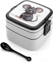 Grey Rat Bento Box Adult Lunch Box All-in-One Lunch Containers with Removable Compartments Double Layer Bento Lunch Box with Spoon And Handle Stackable Lunchbox