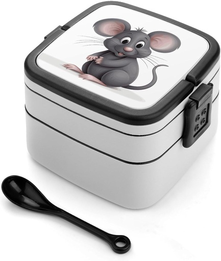 [BRSRAZI6OIGQIDTB] Grey Rat Bento Box Adult Lunch Box All-in-One Lunch Containers with Removable Compartments Double Layer Bento Lunch Box with Spoon And Handle Stackable Lunchbox