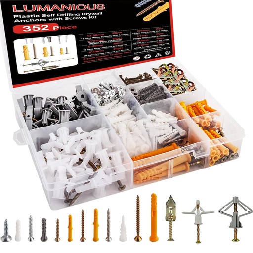 [BRSRAGQKO4CBEFI6] 352pcs Self-Drilling Drywall Anchors and Screws Kit, 9 Different Assorted Size, Include Nylon Plastic Wall Anchors,Galvanized Steel Anchors, Screws, Hollow Door Anchors, Holds Up to 75lbs