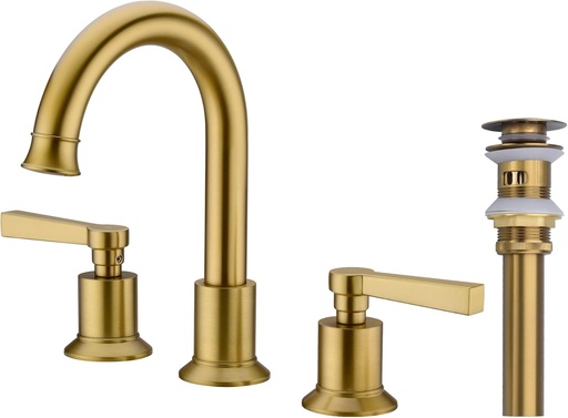 [BRSRMEIDAANQECD5] TRUSTMI 2 Handle 8 Inch Widespread Bathroom Faucet Brass Lavatory Vanity Sink Faucet with Metal Overflow Pop Up Drain and cUPC Water Supply Lines, Brushed Brass Gold