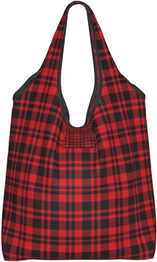 [BRSREGAECB6AGGTZ] Foldable Red Plaid Pattern Reusable Grocery Shopping Bag, Waterproof Shopping Tote