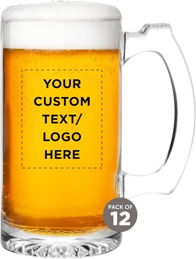 [BRSWYGIPBYHRQH3B] 12 Libbey Beer Mugs Set, 12 oz. - Customizable Text, Logo - Groomsmen Glassware - Clear