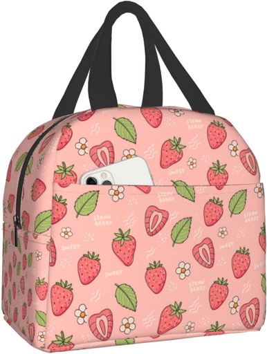[BRSW2HYYOIFQOC3L] Pink Strawberry and Leaves Print Lunch Box, Kawaii Small Insulation Lunch Bag, Reusable Food Bag Lunch Containers Bags for Women Men