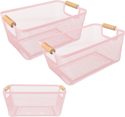 [BRSRO2YFBZ4BED3J] PTSGCAI 2Pack Metal Mesh Steel Basket with Bamboo Handle - Wire Metal Basket for Kitchen Organization, 12" Wide Food Organizer Bin, Perfect for Organizing Bulk Pantry (PINK)