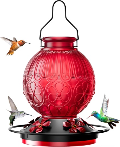 [BRSRACABOIJQAD34] 26Oz Hummingbird Feeder for Outdoors, Vintage Glass Bird Feeder with Perch, Durable & Easy to Clean, Hanging Nectar Feeder for Garden, Yard, Deck – Gift for Bird Lovers (Red)