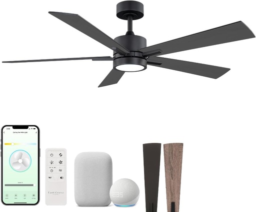 [BRSRABDQDF6GOHTZ] Bali 52in 5-Blade Smart Indoor or Outdoor Ceiling Fan 2700K-6000K CCT Tunable Range LED Light Kit in Matte Black with Reversible Black and Weathered Wood Blades Works With iOS or Android App