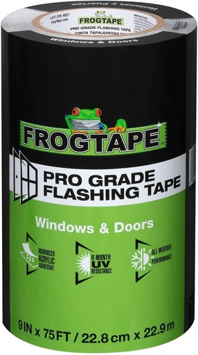 [BRSRA233CB5RGELL] FrogTape Pro Grade Flashing Tape for Windows & Doors, 9 Inch Width - 75 Foot Roll, All Weather & UV Resistant Linerless Flashing Tape with Advanced Acrylic Adhesive - 10 mils - Black