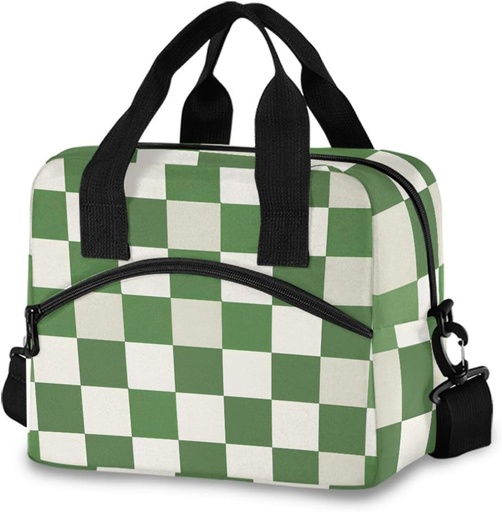[BRSRA2T3BAJQGEL7] ALAZA Green White Checkered Buffalo Plaid Insulated Lunch Bag for Women Men Reusable Lunch Box Tote Bag Adjustable Shoulder Strap Cooler Bag Leakproof Work Picnic