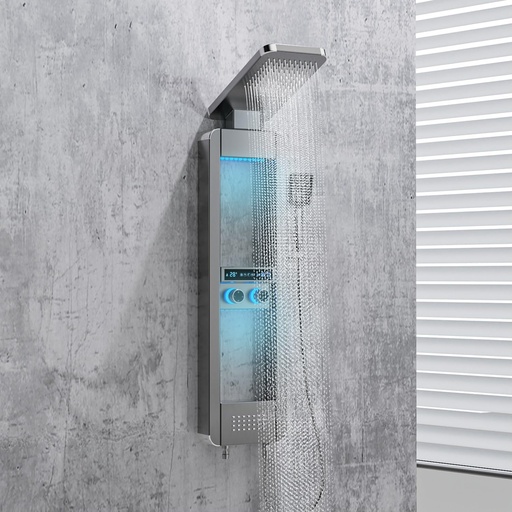 [BRSRAH33BB5QYADH] ELLO&ALLO LED Rainfall Shower Head and Rain Massage System with Body Jets Stainless Steel Bathroom Shower Panel Tower System with Shelf, Brushed Nickel&Chrome