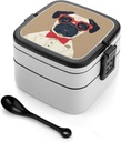 Old Fashionable Khabby Dog Bento Box Leak-Proof Double Layered Lunch Containers with Spoons And Invisible Handle, Portable Lunch Boxes for Work Picnic Travel