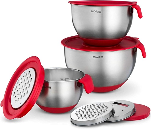 [BRSWGZI5OAOQEC35] Belwares Mixing Bowls with Lids Set - 3-Piece Stainless Steel Nesting Bowls with Graters, Handles, and Airtight Lids - Non-Slip Mixing Bowls for Cooking, Baking, Prepping, and Food Storage (Red)