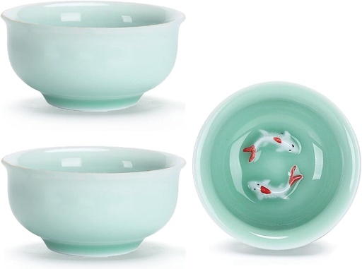 [BRSREZYLCV6GAYAU] Set of 3 Chinese Handmade Ceramic Kung Fu Tea Cup, 3.38 oz/100 ML, Porcelain Tea Mugs Without Handles China style Teaware Gifts Set (Goldfish)