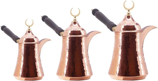 [BRSW2ZYZA4FGGEL3] LaModaHome Handmade Turkish Arabic Greek Easy Serving Copper Coffee Pot Cezve Ibrik Briki Coffee Maker With Wooden Holder Crescent Lid Set of 3 for Women, Men, Adults, Guests, New Home Wedding Gifts