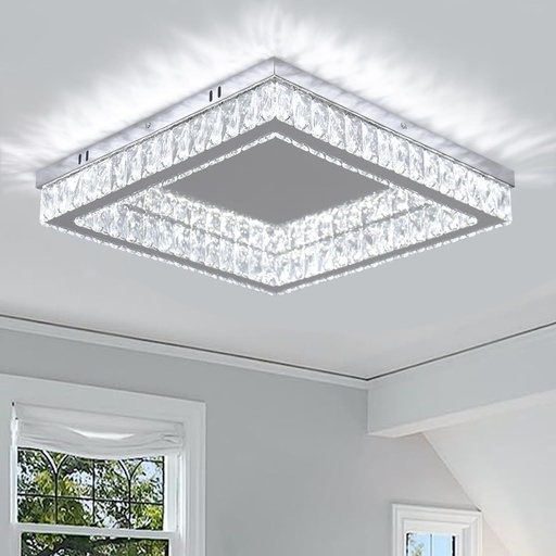 [BRSRAZALOB6AK3I7] Finktonglan Modern Square Crystal LED Ceiling Light - 17.7 inch Flush Mount Stainless Steel Chandelier for Living Room, Bedroom, Dining Room, 6000K, 34 Watts