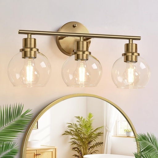 [BRSREYL3A4MG2HY4] 3-Light Bathroom Light Fixtures, Brushed Brass Bathroom Lights Over Mirror with Clear Glass Globe Shade, Vanity Lights for Bathroom Kitchen Living Room Hallway Cabinet Bedroom Porch