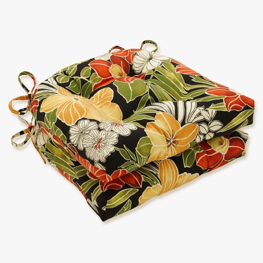 [BRSWYZ34OYMB6AL5] Pillow Perfect Tropic Floral Indoor/Outdoor Chairpad with Ties, Tufted, Weather, and Fade Resistant, 17" x 17.5", Black/Green Clemens, 2 Count