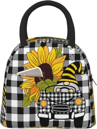 [BRSRMYI6CIIGCDI6] Funny Summer Gnome Driving Car and Sunflower Lunch Bag Box Meal Prep Insulated Handbag Reusable Lunch Container